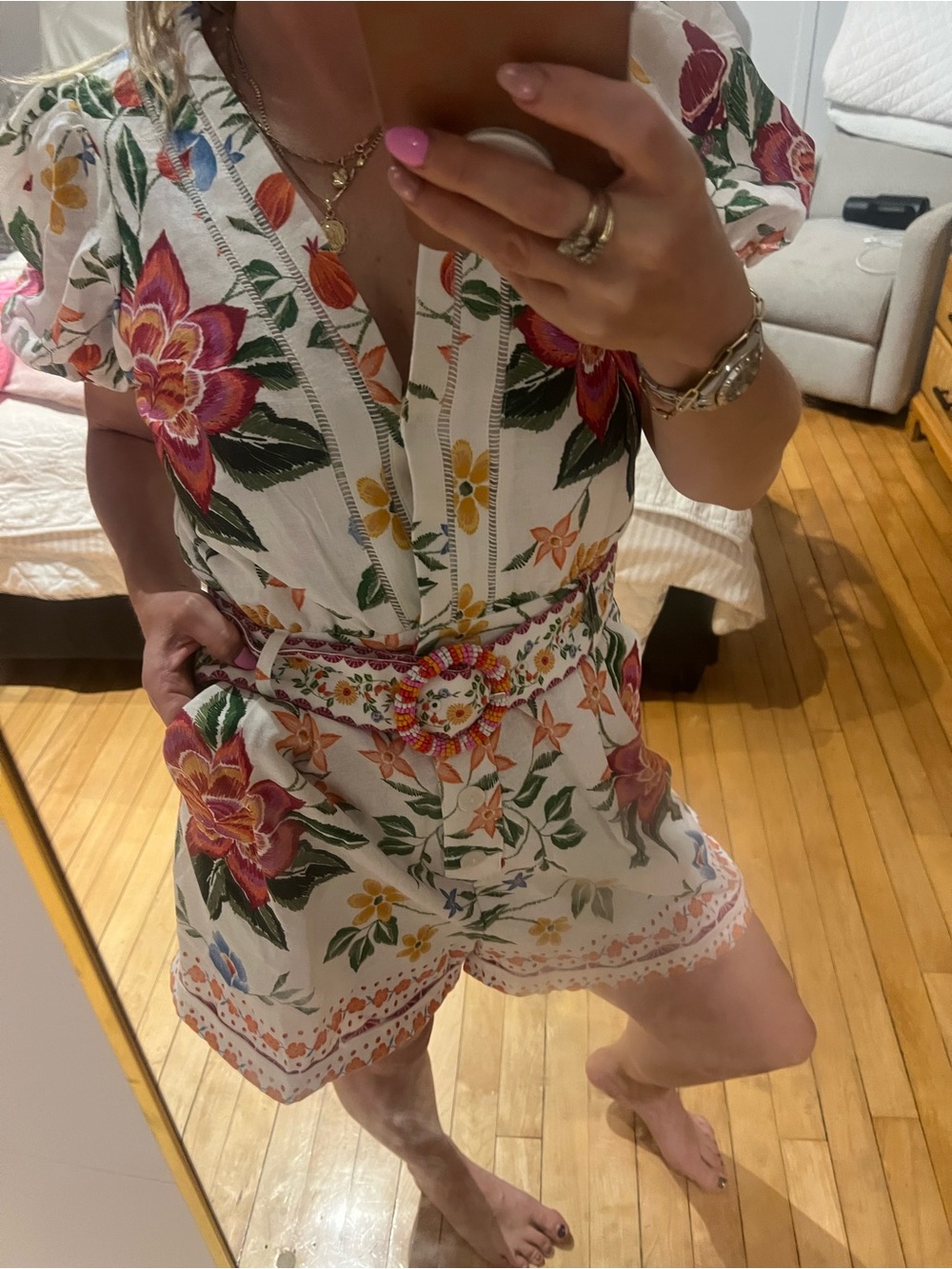 NWT CAROLINE CONSTAS Floral V-Neck Romper with Puff Sleeves